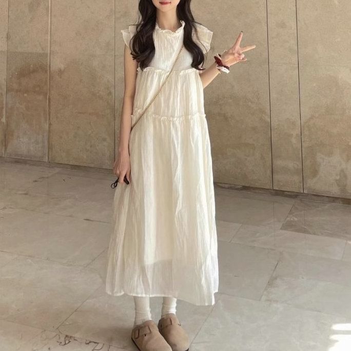 Cap-Sleeve Sheer Plain Midi A-Line Dress