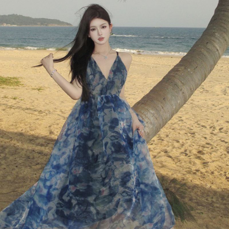 Spaghetti Strap V-Neck Tie Dye Print Maxi A-Line Dress