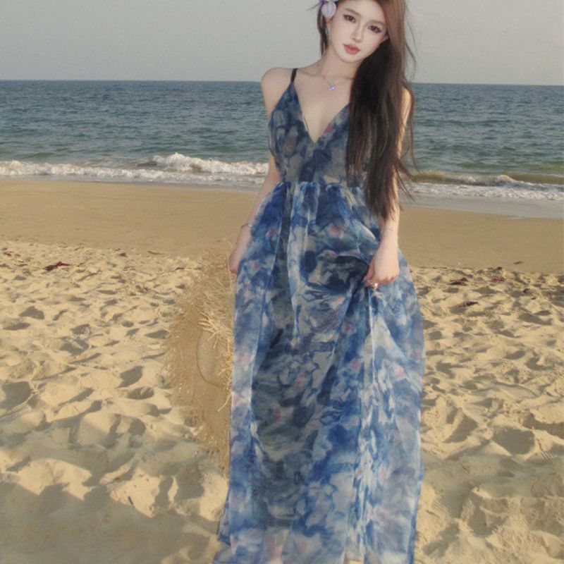 Spaghetti Strap V-Neck Tie Dye Print Maxi A-Line Dress