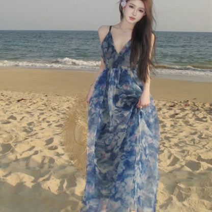 Spaghetti Strap V-Neck Tie Dye Print Maxi A-Line Dress