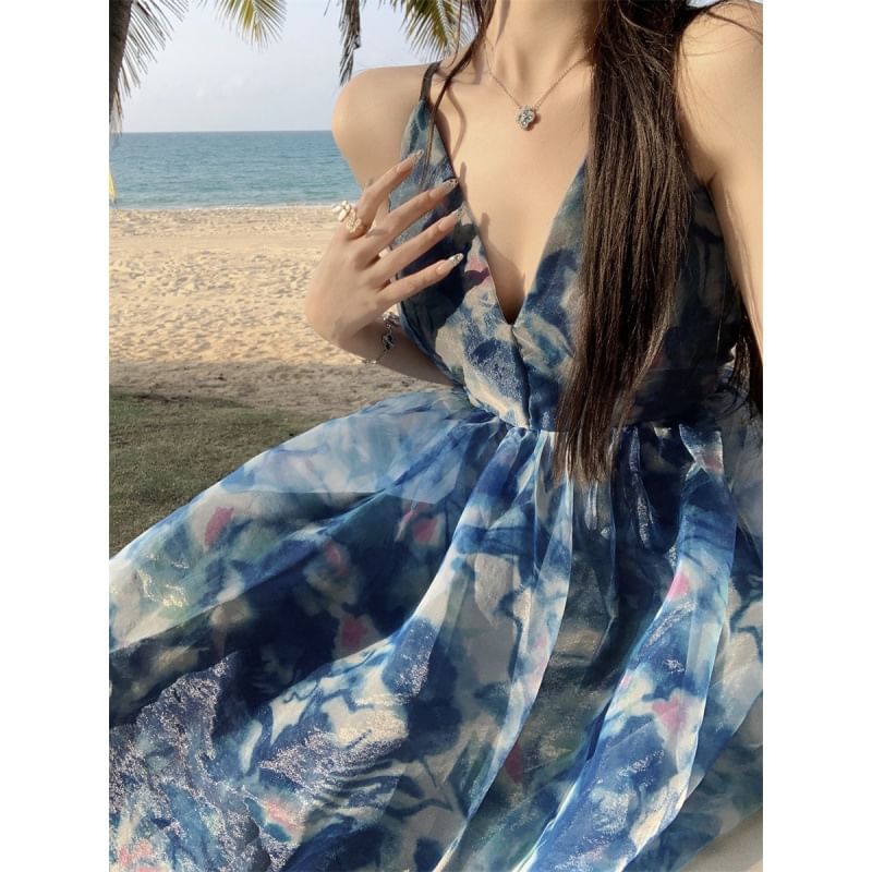 Spaghetti Strap V-Neck Tie Dye Print Maxi A-Line Dress