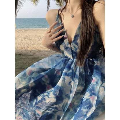 Spaghetti Strap V-Neck Tie Dye Print Maxi A-Line Dress