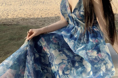 Spaghetti Strap V-Neck Tie Dye Print Maxi A-Line Dress