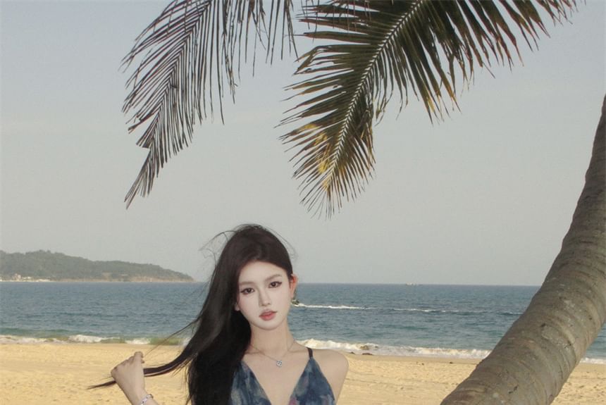 Spaghetti Strap V-Neck Tie Dye Print Maxi A-Line Dress