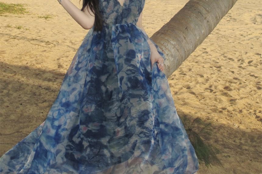 Spaghetti Strap V-Neck Tie Dye Print Maxi A-Line Dress