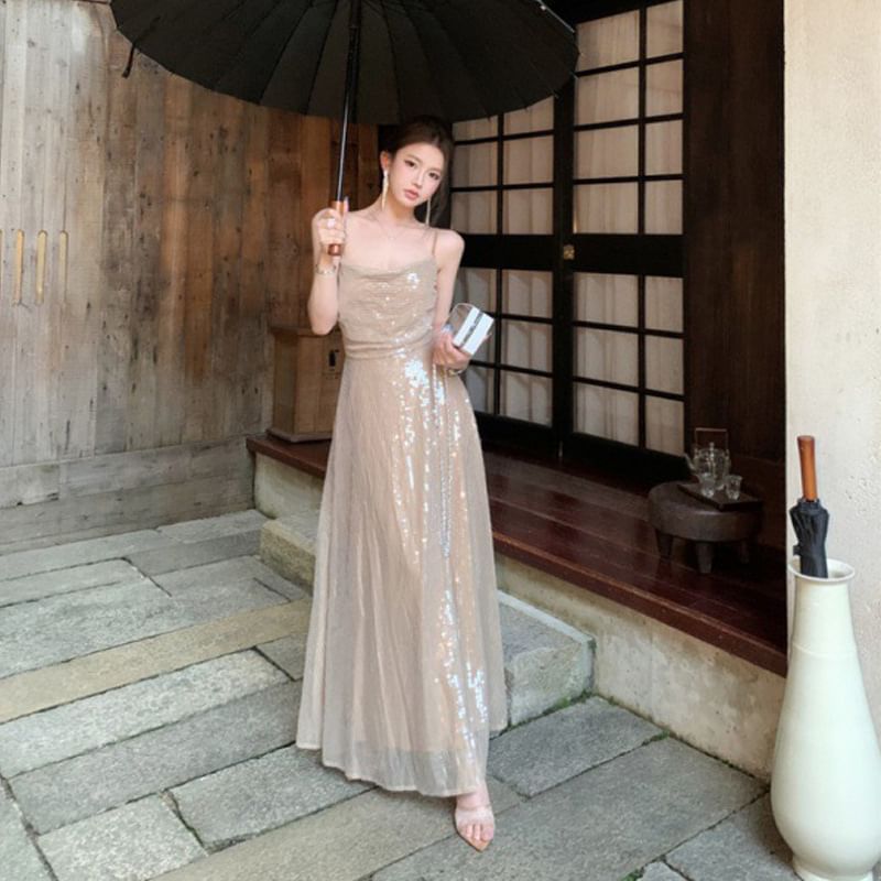 Sequin Spaghetti Strap A-Line Maxi Dress