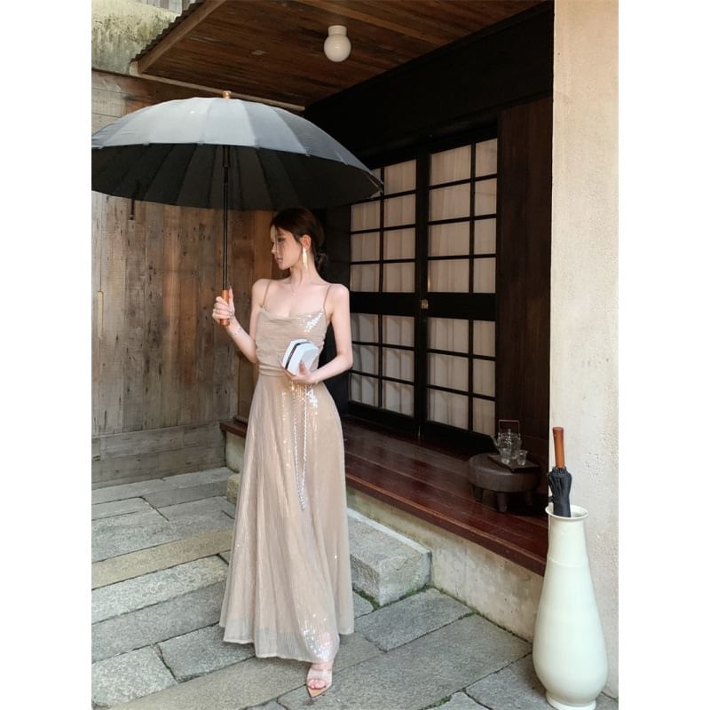 Sequin Spaghetti Strap A-Line Maxi Dress