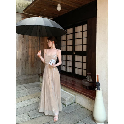 Sequin Spaghetti Strap A-Line Maxi Dress