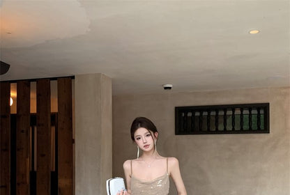 Sequin Spaghetti Strap A-Line Maxi Dress