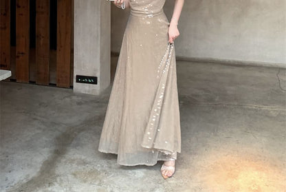 Sequin Spaghetti Strap A-Line Maxi Dress