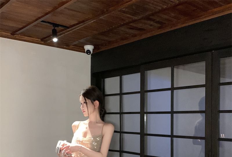 Sequin Spaghetti Strap A-Line Maxi Dress