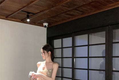 Sequin Spaghetti Strap A-Line Maxi Dress