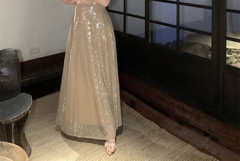 Sequin Spaghetti Strap A-Line Maxi Dress