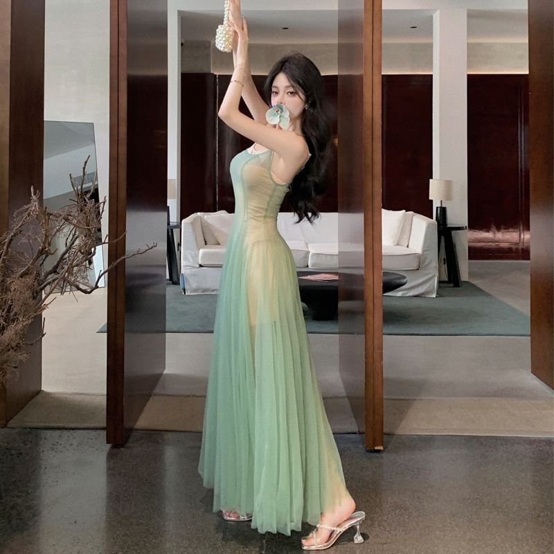 Spaghetti Strap Scoop Neck Sheer A-Line Maxi Dress