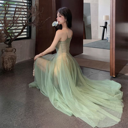 Spaghetti Strap Scoop Neck Sheer A-Line Maxi Dress