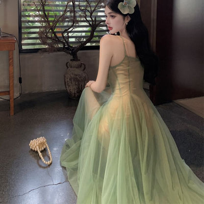 Spaghetti Strap Scoop Neck Sheer A-Line Maxi Dress