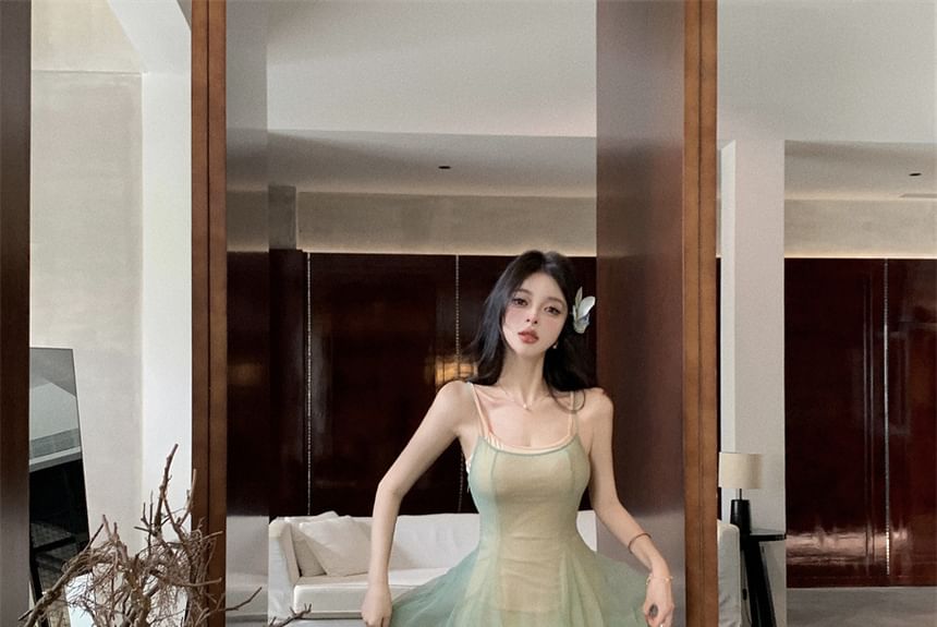 Spaghetti Strap Scoop Neck Sheer A-Line Maxi Dress