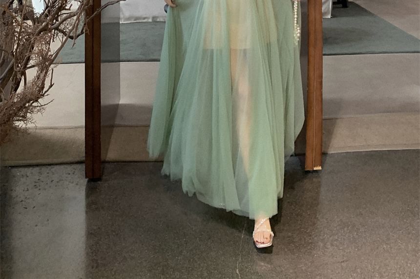 Spaghetti Strap Scoop Neck Sheer A-Line Maxi Dress