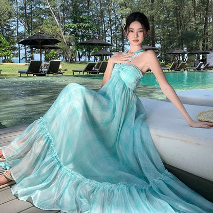 Tie Dye Halter Neck Ruffle Hem Maxi A-Line Dress