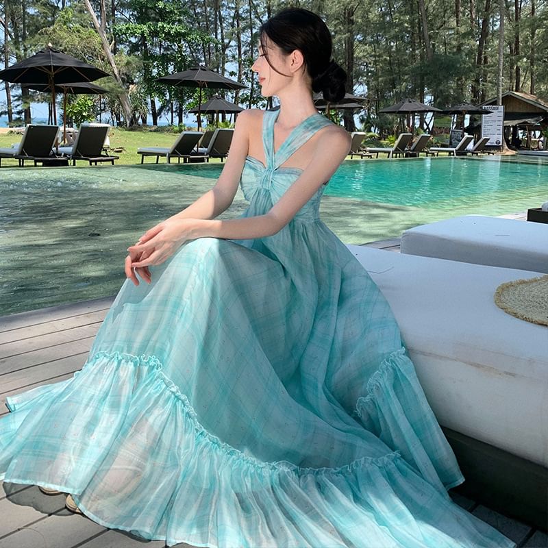 Tie Dye Halter Neck Ruffle Hem Maxi A-Line Dress