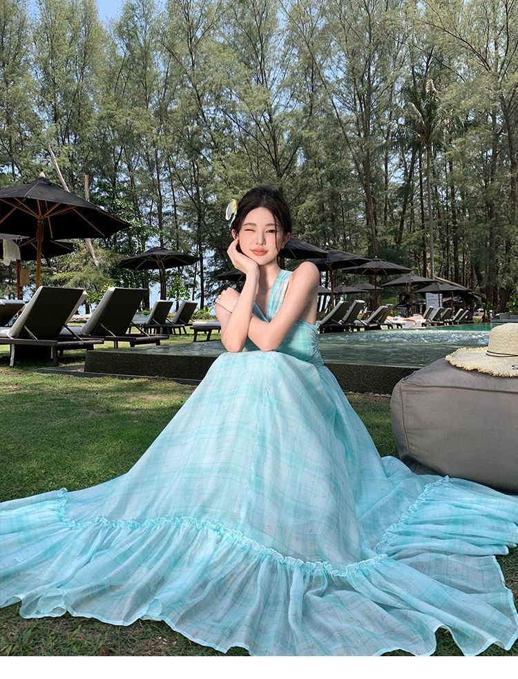 Tie Dye Halter Neck Ruffle Hem Maxi A-Line Dress