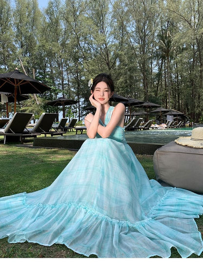 Tie Dye Halter Neck Ruffle Hem Maxi A-Line Dress