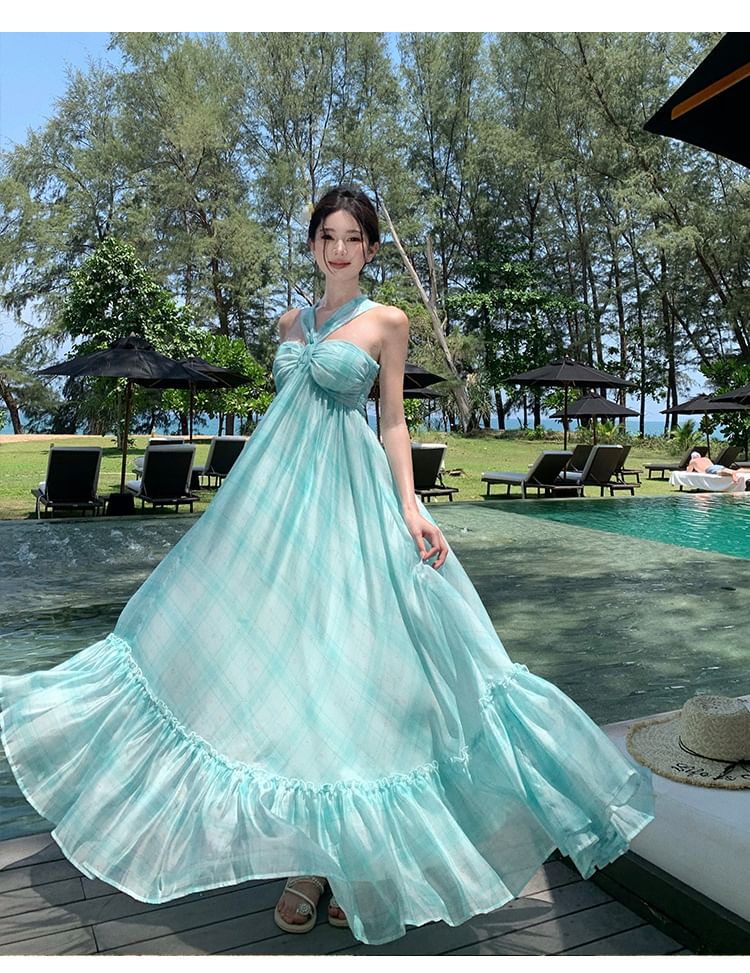 Tie Dye Halter Neck Ruffle Hem Maxi A-Line Dress