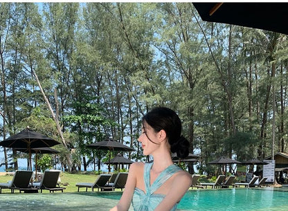 Tie Dye Halter Neck Ruffle Hem Maxi A-Line Dress