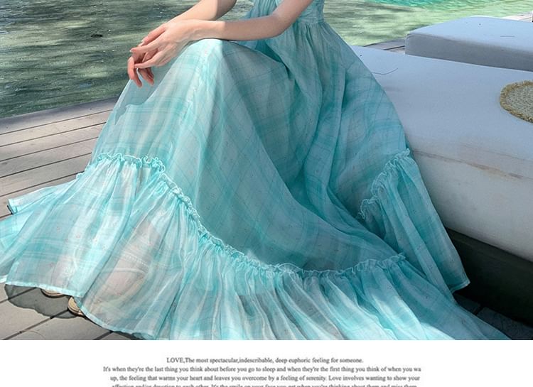 Tie Dye Halter Neck Ruffle Hem Maxi A-Line Dress