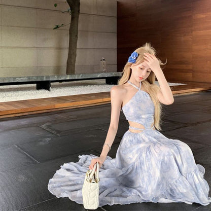 Spaghetti Strap Tie Dye Halter Neck Cutout Maxi A-Line Dress