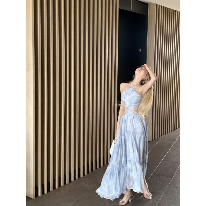 Spaghetti Strap Tie Dye Halter Neck Cutout Maxi A-Line Dress