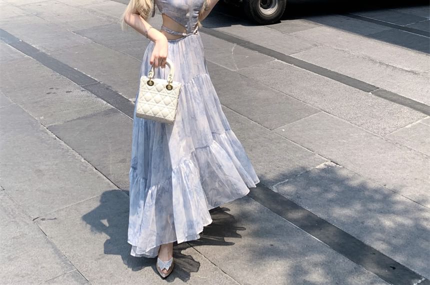 Spaghetti Strap Tie Dye Halter Neck Cutout Maxi A-Line Dress