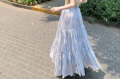 Spaghetti Strap Tie Dye Halter Neck Cutout Maxi A-Line Dress