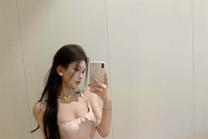 Spaghetti Strap Scoop Neck Plain A-Line Evening Gown