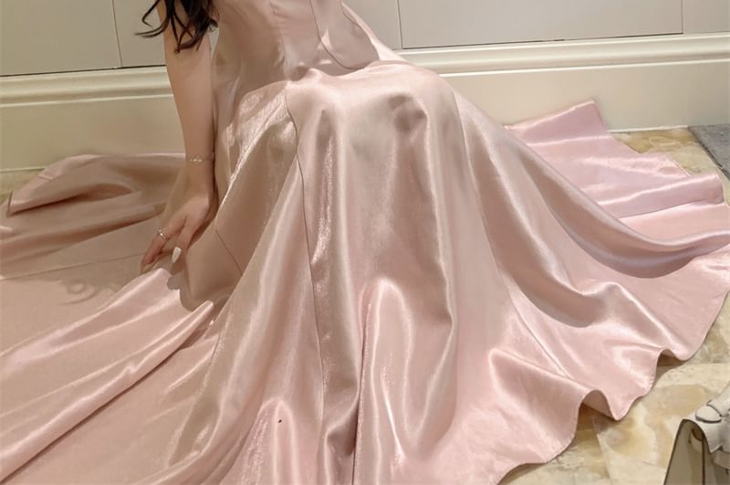 Spaghetti Strap Scoop Neck Plain A-Line Evening Gown