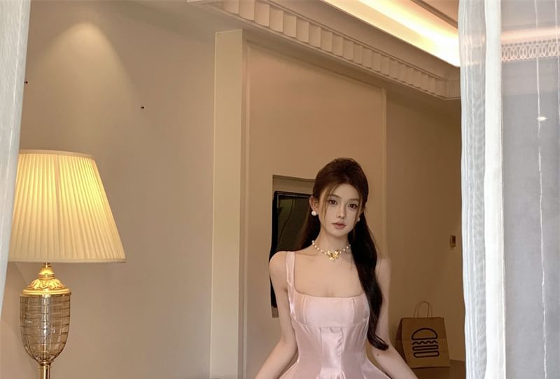 Spaghetti Strap Scoop Neck Plain A-Line Evening Gown