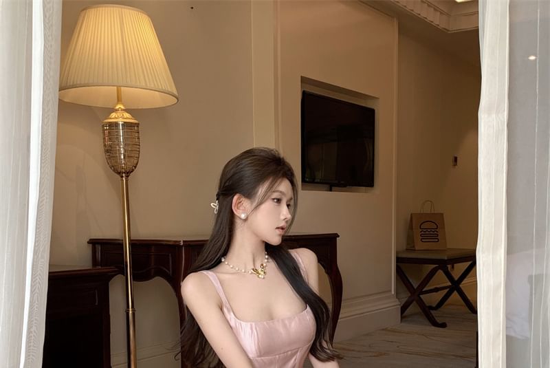 Spaghetti Strap Scoop Neck Plain A-Line Evening Gown