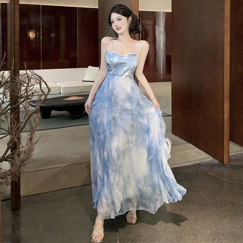 Spaghetti Strap Tie Dye Ruffle Hem Chiffon Maxi Sun Dress