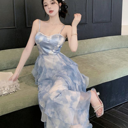 Spaghetti Strap Tie Dye Ruffle Hem Chiffon Maxi Sun Dress
