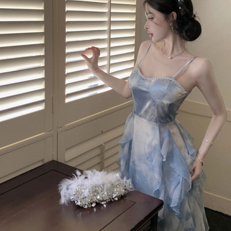 Spaghetti Strap Tie Dye Ruffle Hem Chiffon Maxi Sun Dress