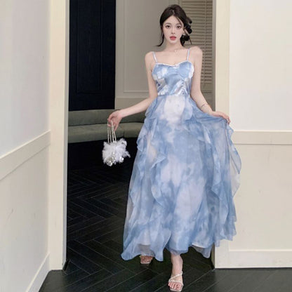Spaghetti Strap Tie Dye Ruffle Hem Chiffon Maxi Sun Dress