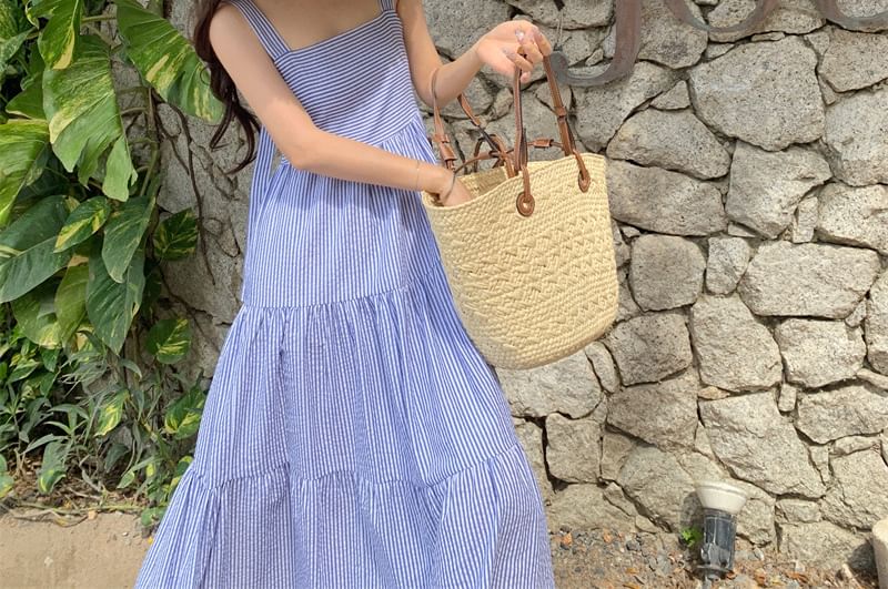 Spaghetti Strap Square Neck Striped Ruffle Maxi Sun Dress