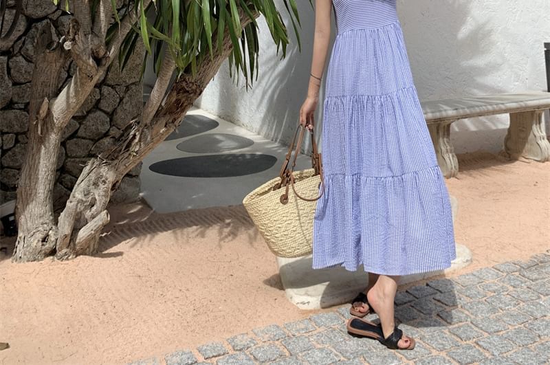 Spaghetti Strap Square Neck Striped Ruffle Maxi Sun Dress