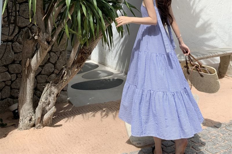 Spaghetti Strap Square Neck Striped Ruffle Maxi Sun Dress