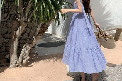 Spaghetti Strap Square Neck Striped Ruffle Maxi Sun Dress