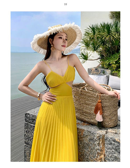 Spaghetti Strap V-Neck Cutout Pleated Chiffon Maxi Dress
