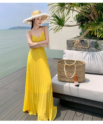 Spaghetti Strap V-Neck Cutout Pleated Chiffon Maxi Dress