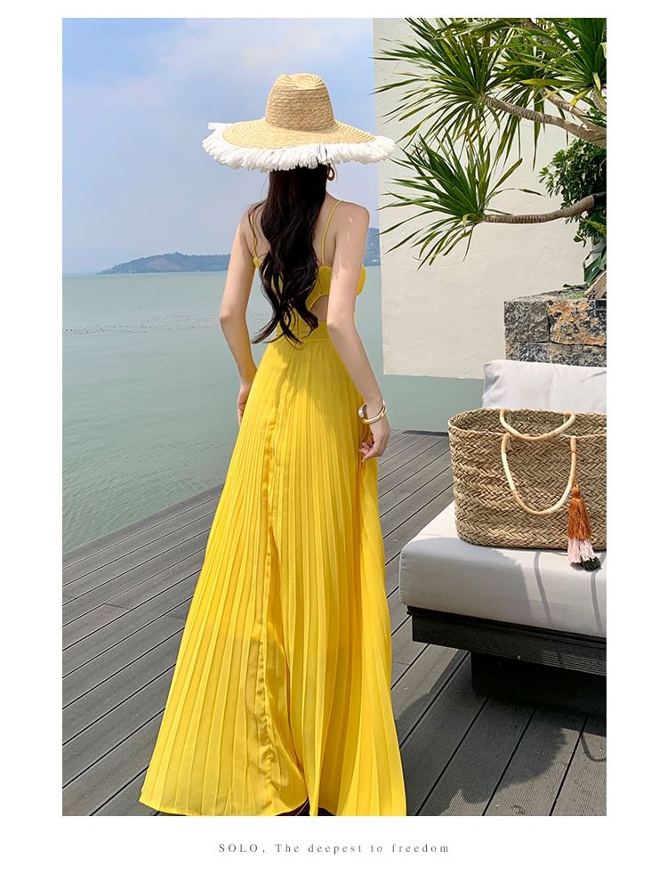 Spaghetti Strap V-Neck Cutout Pleated Chiffon Maxi Dress