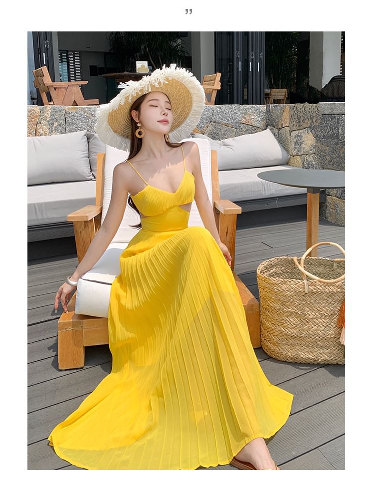 Spaghetti Strap V-Neck Cutout Pleated Chiffon Maxi Dress