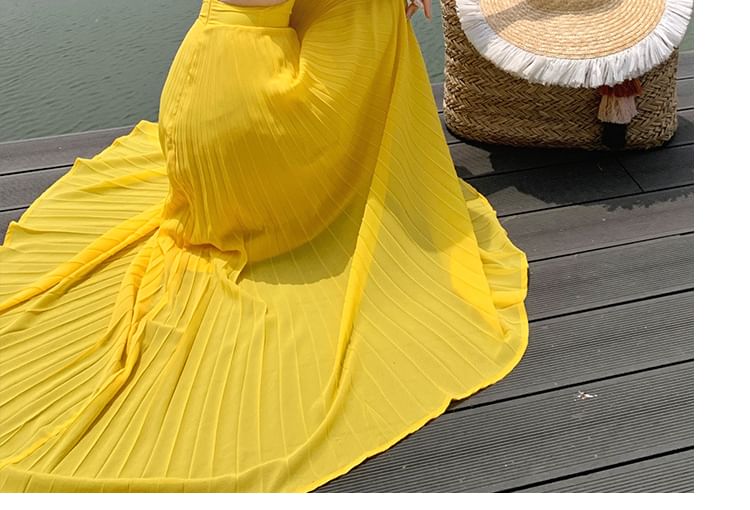 Spaghetti Strap V-Neck Cutout Pleated Chiffon Maxi Dress
